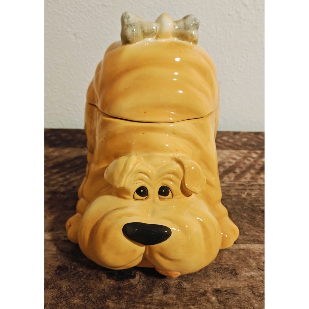 Vintage Savory Playful Shar Pei W/Bone In Tail Ceramic Cookie Jar Canister Gold